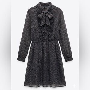 Zara Black Printed Long-Sleeve Bow-Tie Ruffle Dress, Metallic Thread